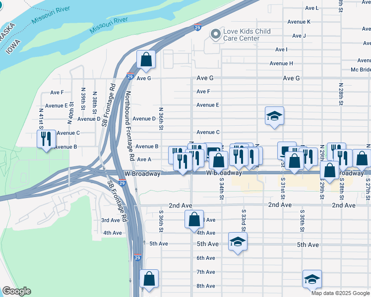 map of restaurants, bars, coffee shops, grocery stores, and more near 3509 Avenue B in Council Bluffs
