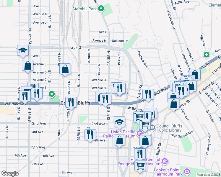 map of restaurants, bars, coffee shops, grocery stores, and more near 111 North 8th Street in Council Bluffs