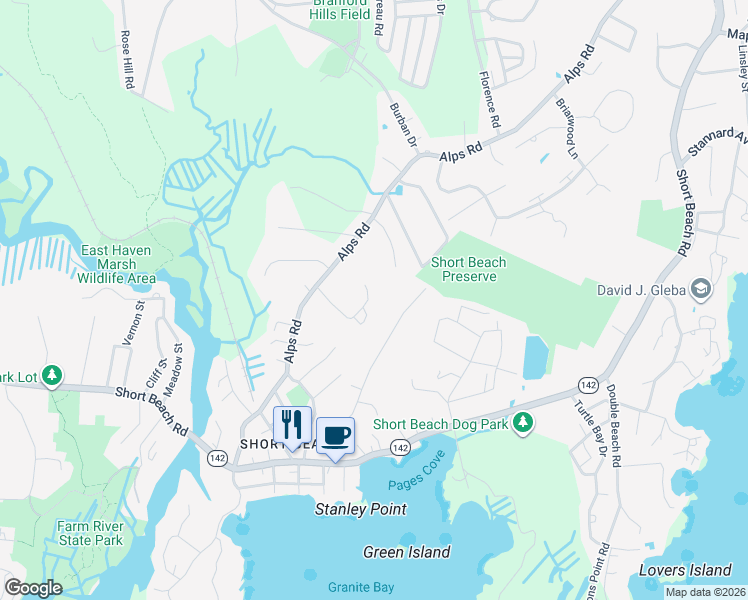 map of restaurants, bars, coffee shops, grocery stores, and more near 17 East Village Drive in Branford