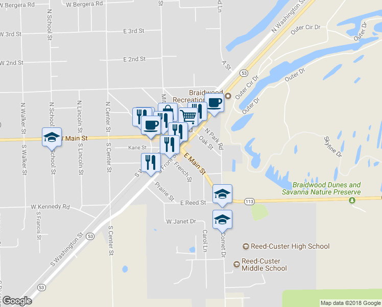 map of restaurants, bars, coffee shops, grocery stores, and more near 330 East Main Street in Braidwood