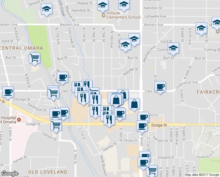 map of restaurants, bars, coffee shops, grocery stores, and more near 504 North 74th Avenue in Omaha