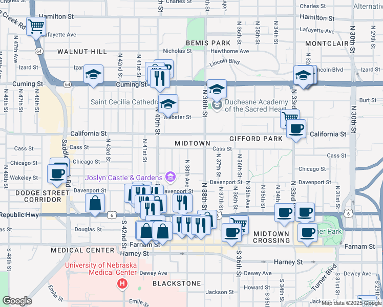 map of restaurants, bars, coffee shops, grocery stores, and more near 437 North 38th Avenue in Omaha