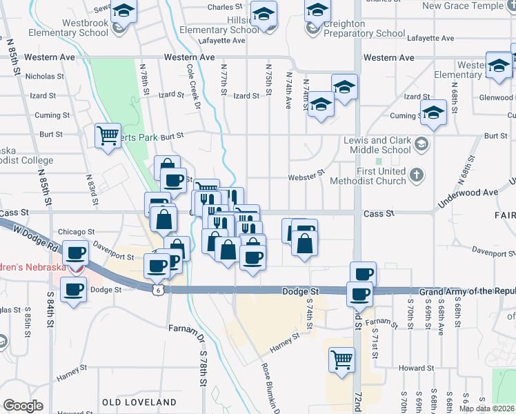 map of restaurants, bars, coffee shops, grocery stores, and more near 7510 Cass Street in Omaha