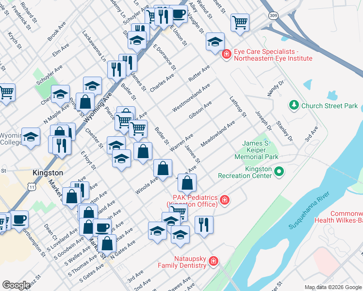 map of restaurants, bars, coffee shops, grocery stores, and more near 505 Warren Avenue in Kingston