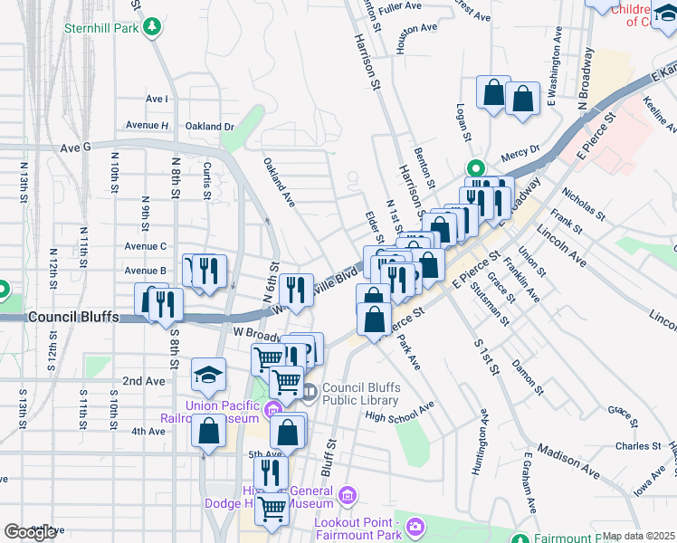 map of restaurants, bars, coffee shops, grocery stores, and more near 203 Oakland Avenue in Council Bluffs