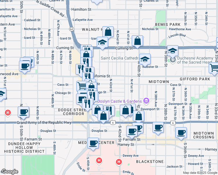 map of restaurants, bars, coffee shops, grocery stores, and more near 414 North 43rd Street in Omaha