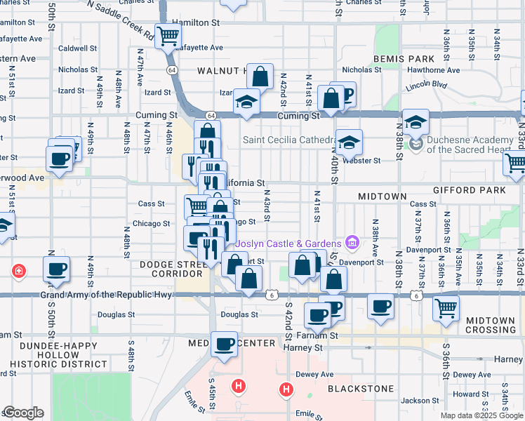 map of restaurants, bars, coffee shops, grocery stores, and more near 414 North 43rd Street in Omaha