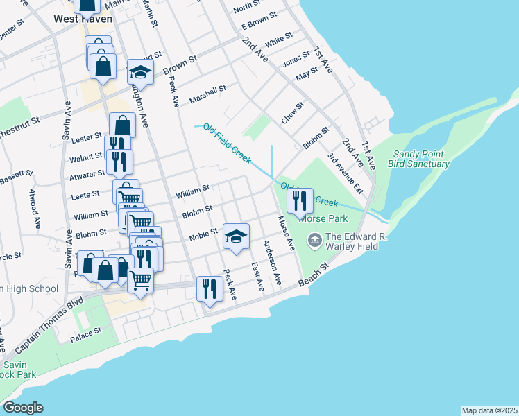 map of restaurants, bars, coffee shops, grocery stores, and more near 121 Anderson Avenue in West Haven