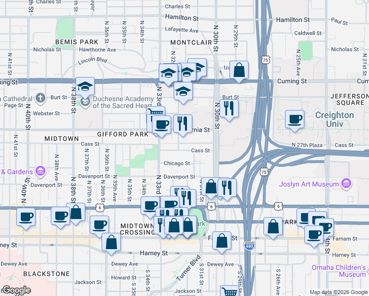 map of restaurants, bars, coffee shops, grocery stores, and more near 3126 Cass Street in Omaha