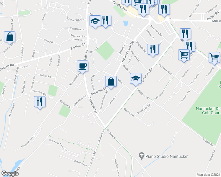 map of restaurants, bars, coffee shops, grocery stores, and more near 66 Hooper Farm Road in Nantucket