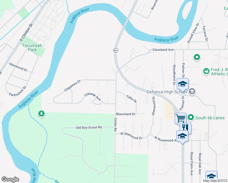map of restaurants, bars, coffee shops, grocery stores, and more near 1748 Ginter Road in Defiance
