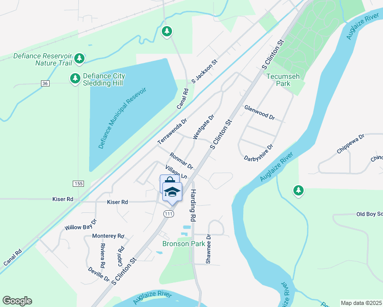map of restaurants, bars, coffee shops, grocery stores, and more near 1617 Westgate Drive in Defiance