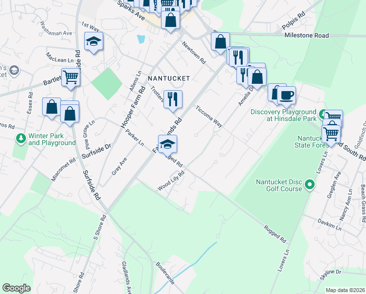 map of restaurants, bars, coffee shops, grocery stores, and more near 10 Rugged Road in Nantucket