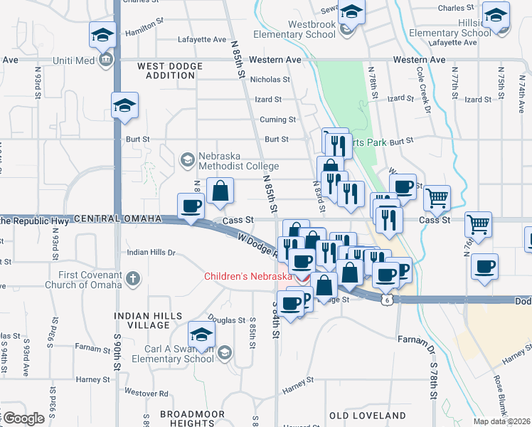 map of restaurants, bars, coffee shops, grocery stores, and more near 8506 Cass Street in Omaha