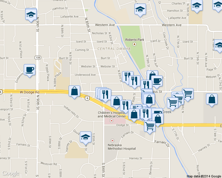 map of restaurants, bars, coffee shops, grocery stores, and more near 8334 Cass St in Omaha