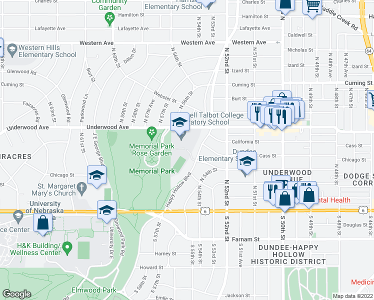 map of restaurants, bars, coffee shops, grocery stores, and more near 400 North Happy Hollow Boulevard in Omaha