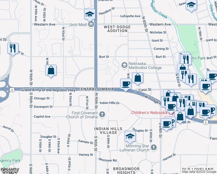 map of restaurants, bars, coffee shops, grocery stores, and more near 8900 W Dodge Rd in Omaha