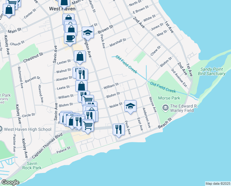 map of restaurants, bars, coffee shops, grocery stores, and more near 180 Peck Avenue in West Haven