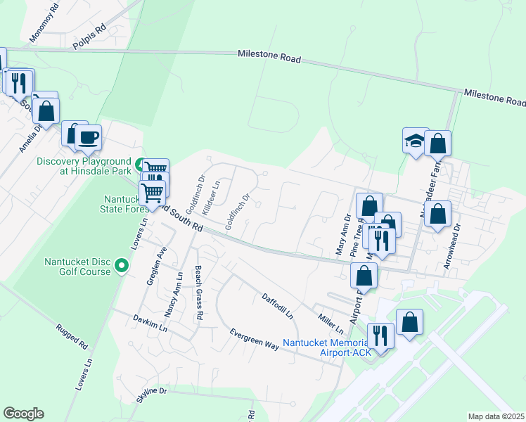 map of restaurants, bars, coffee shops, grocery stores, and more near 13 Curlew Ct in Nantucket