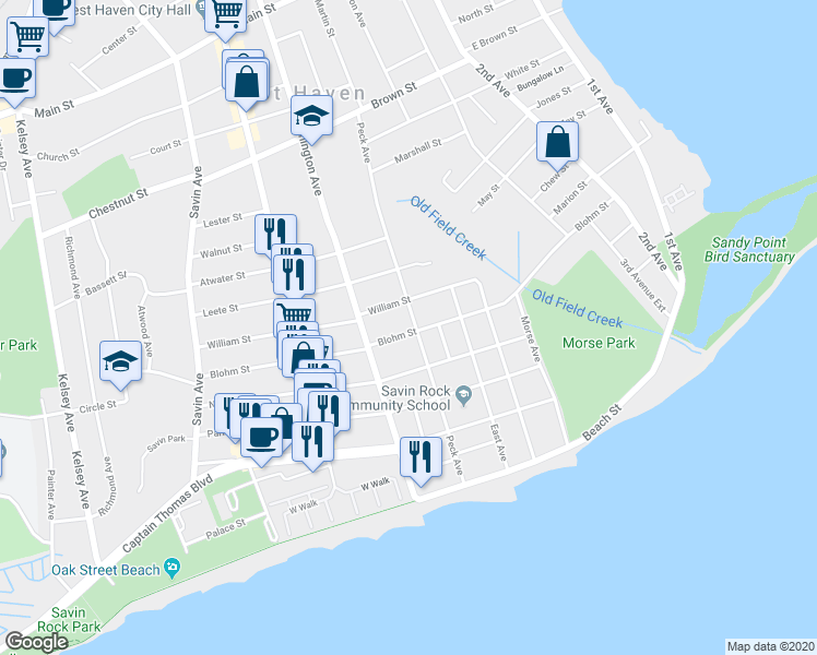 map of restaurants, bars, coffee shops, grocery stores, and more near 173 Peck Avenue in West Haven