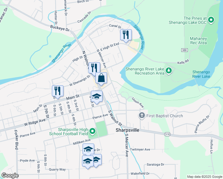 map of restaurants, bars, coffee shops, grocery stores, and more near 39 Main Street in Sharpsville