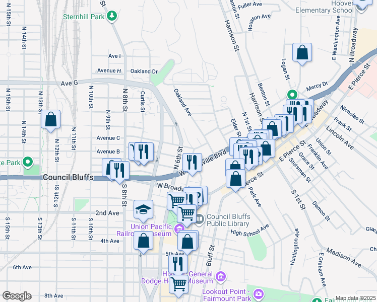 map of restaurants, bars, coffee shops, grocery stores, and more near 207 Scott Street in Council Bluffs