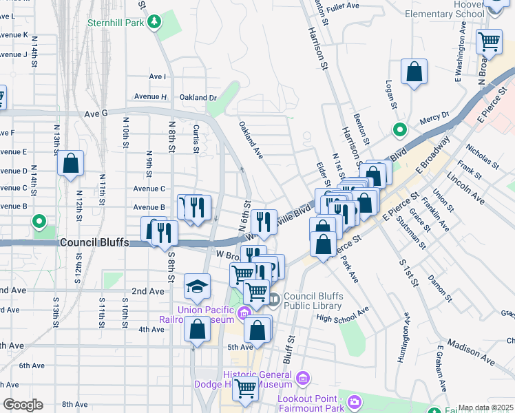 map of restaurants, bars, coffee shops, grocery stores, and more near 207 Scott Street in Council Bluffs