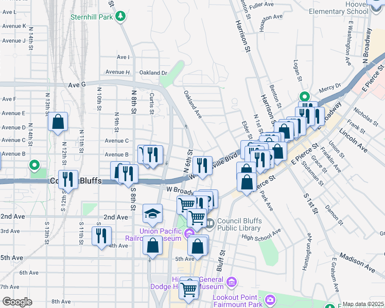 map of restaurants, bars, coffee shops, grocery stores, and more near 602 West Washington Avenue in Council Bluffs