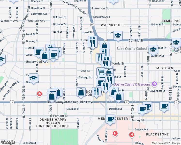 map of restaurants, bars, coffee shops, grocery stores, and more near in Omaha