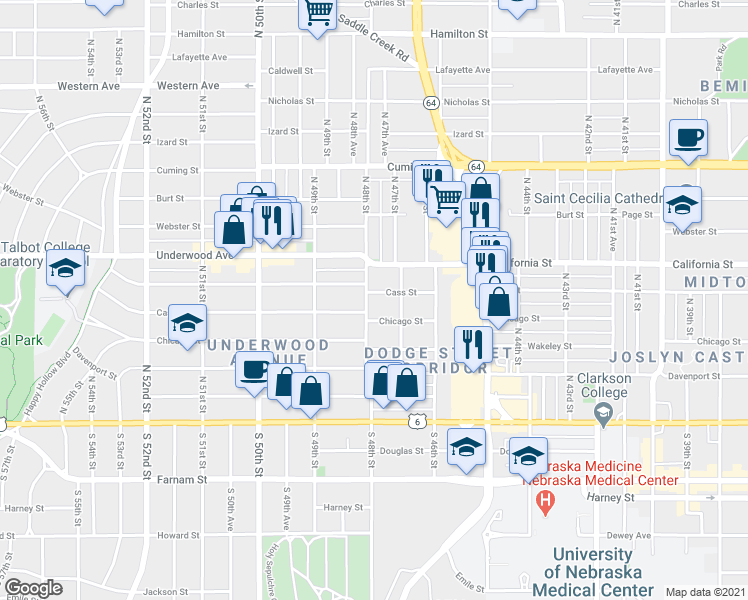 map of restaurants, bars, coffee shops, grocery stores, and more near 4717 Cass Street in Omaha