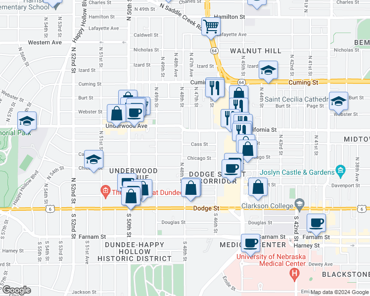 map of restaurants, bars, coffee shops, grocery stores, and more near 4717 Cass Street in Omaha