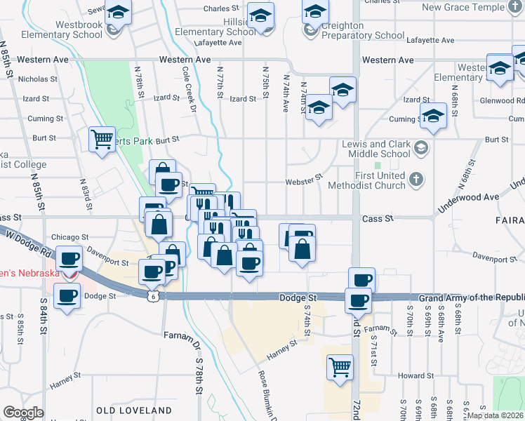 map of restaurants, bars, coffee shops, grocery stores, and more near 7510 Cass Street in Omaha