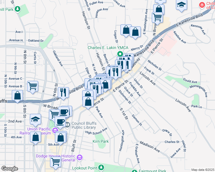 map of restaurants, bars, coffee shops, grocery stores, and more near 100 West Broadway in Council Bluffs