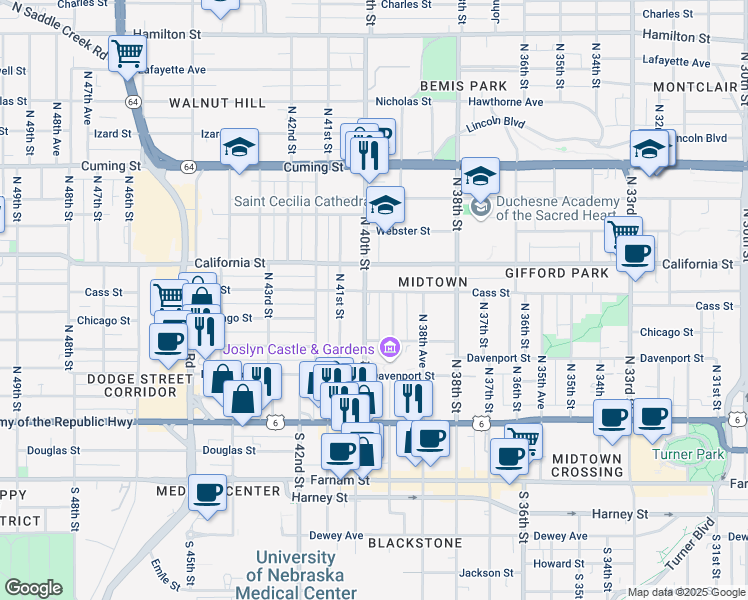 map of restaurants, bars, coffee shops, grocery stores, and more near 423 North 40th Street in Omaha