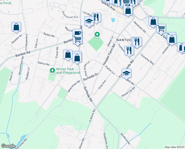 map of restaurants, bars, coffee shops, grocery stores, and more near 7 Surfside Drive in Nantucket