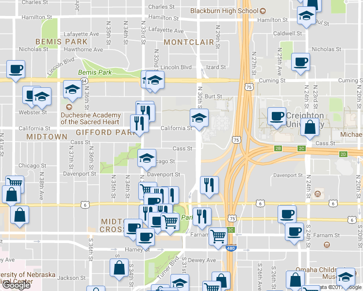 map of restaurants, bars, coffee shops, grocery stores, and more near 3030 Cass Street in Omaha