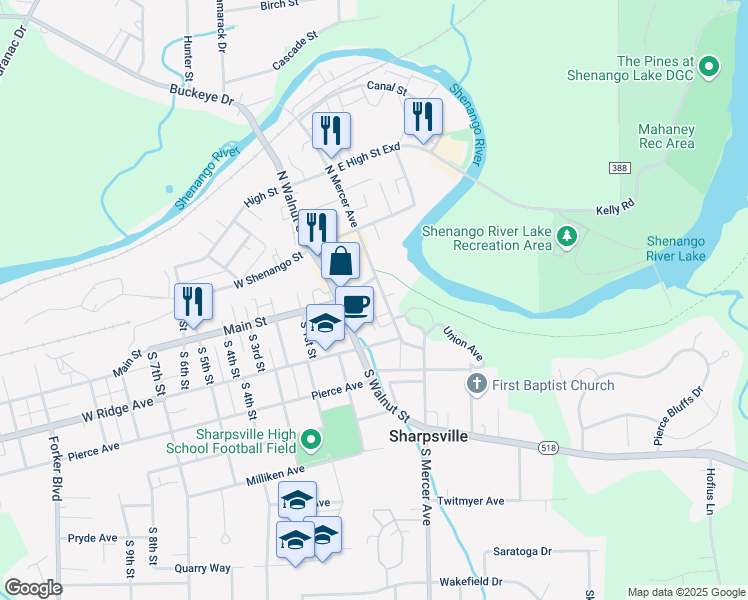 map of restaurants, bars, coffee shops, grocery stores, and more near 52 South Mercer Avenue in Sharpsville