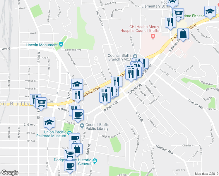 map of restaurants, bars, coffee shops, grocery stores, and more near 130 Vine Street in Council Bluffs
