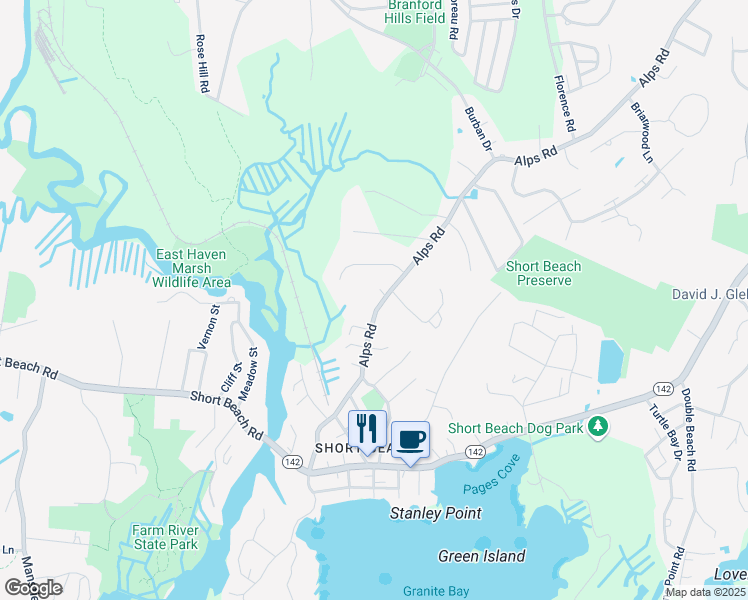 map of restaurants, bars, coffee shops, grocery stores, and more near 225 Alps Road in Branford