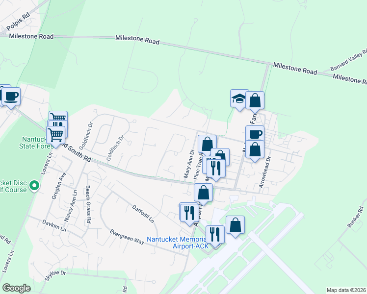 map of restaurants, bars, coffee shops, grocery stores, and more near 14 Pine Crest Drive in Nantucket