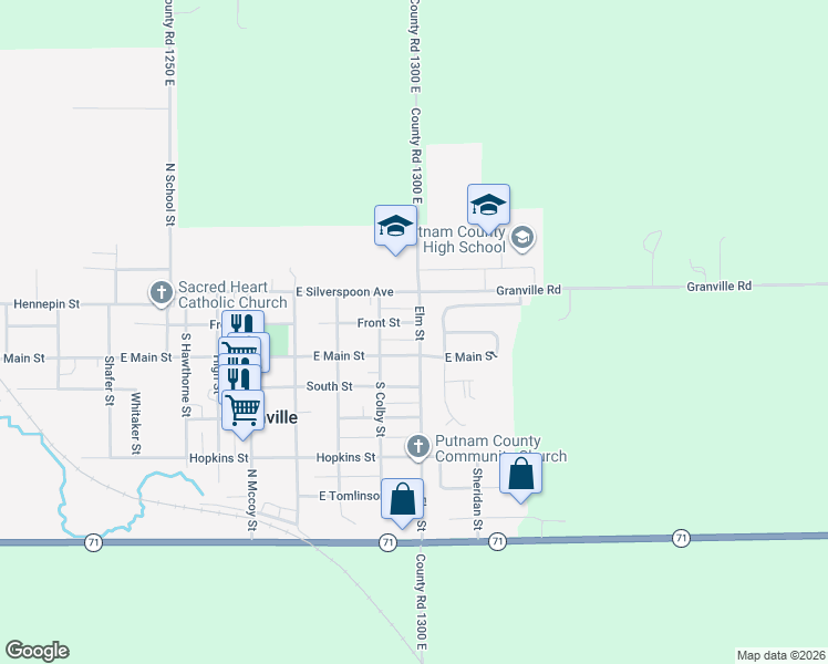 map of restaurants, bars, coffee shops, grocery stores, and more near 100 North Elm Street in Granville
