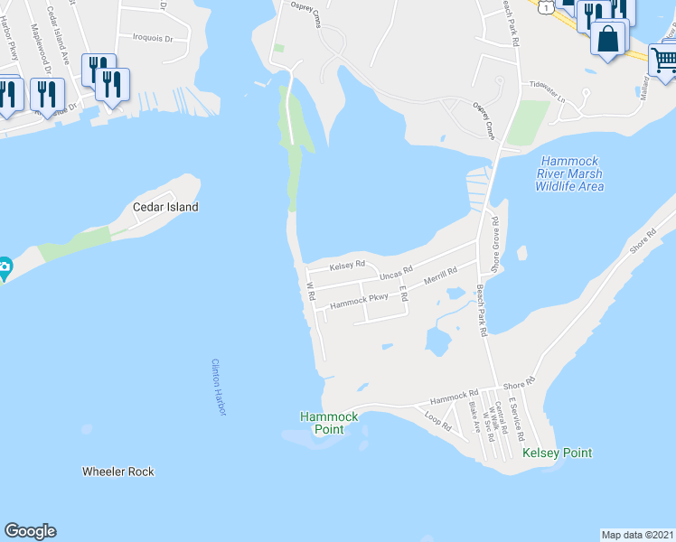 map of restaurants, bars, coffee shops, grocery stores, and more near 26 Kelsey Road in Clinton
