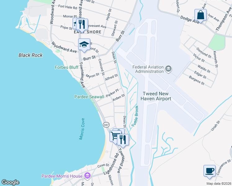 map of restaurants, bars, coffee shops, grocery stores, and more near 201 Concord Street in New Haven