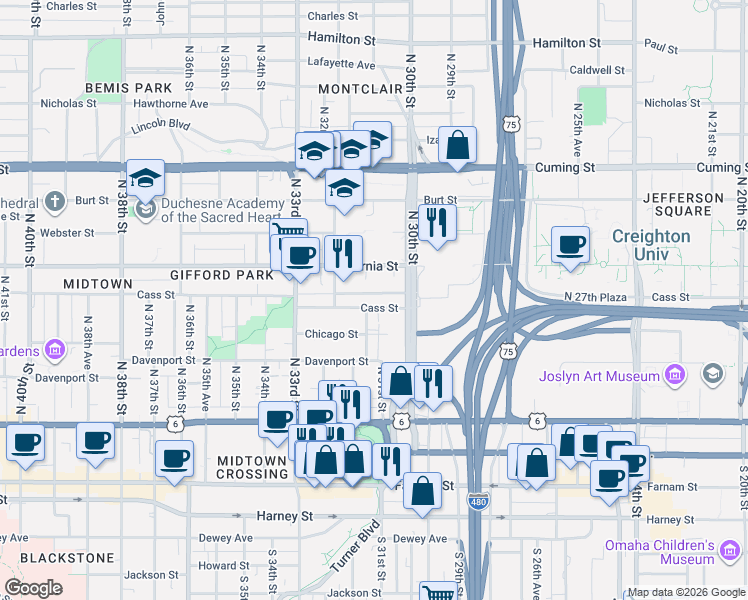 map of restaurants, bars, coffee shops, grocery stores, and more near 3030 Cass Street in Omaha