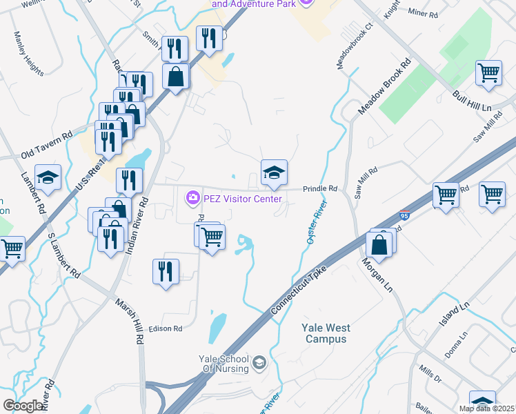 map of restaurants, bars, coffee shops, grocery stores, and more near 45-75 Prindle Hill Road in Orange