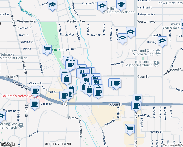 map of restaurants, bars, coffee shops, grocery stores, and more near 7610 Cass Street in Omaha