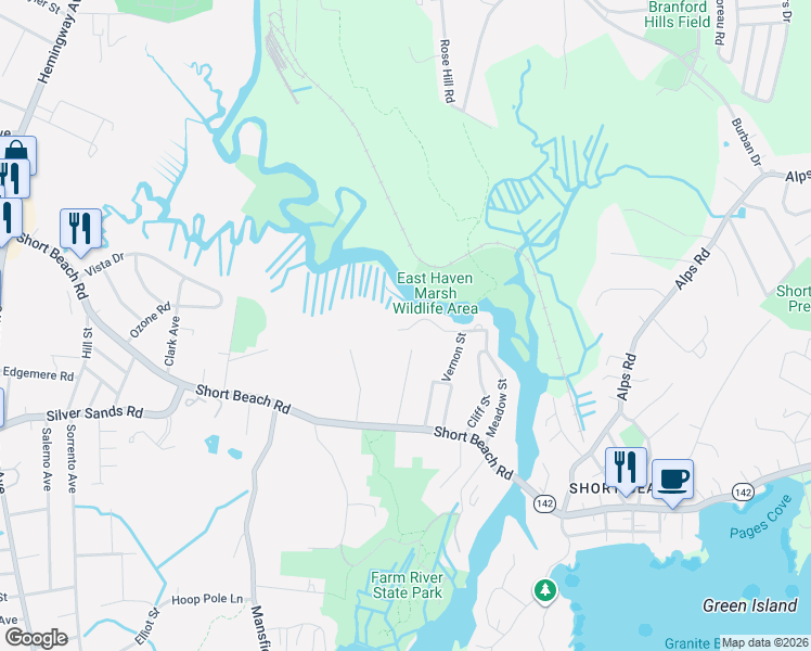 map of restaurants, bars, coffee shops, grocery stores, and more near 168 Meadow Street in East Haven
