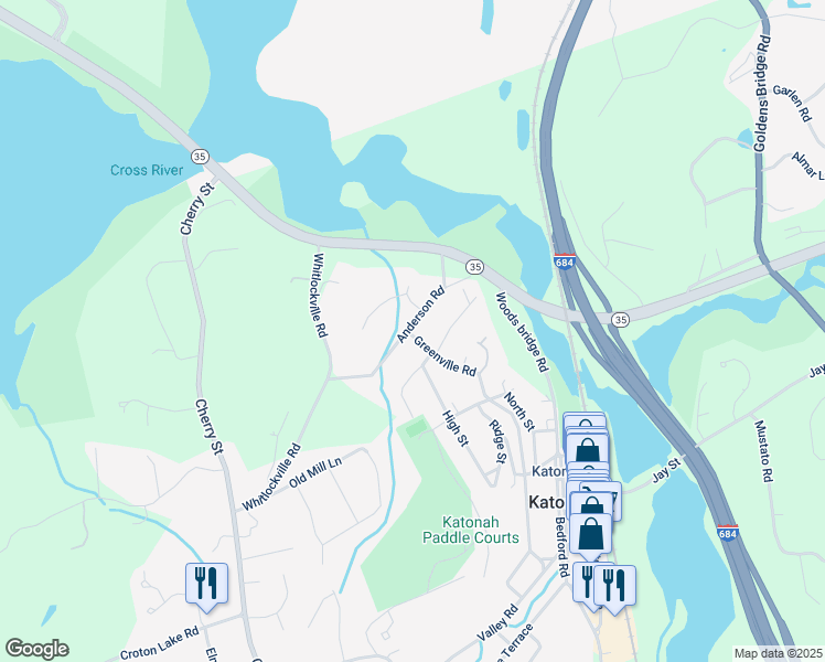 map of restaurants, bars, coffee shops, grocery stores, and more near 75 Greenville Road in Katonah