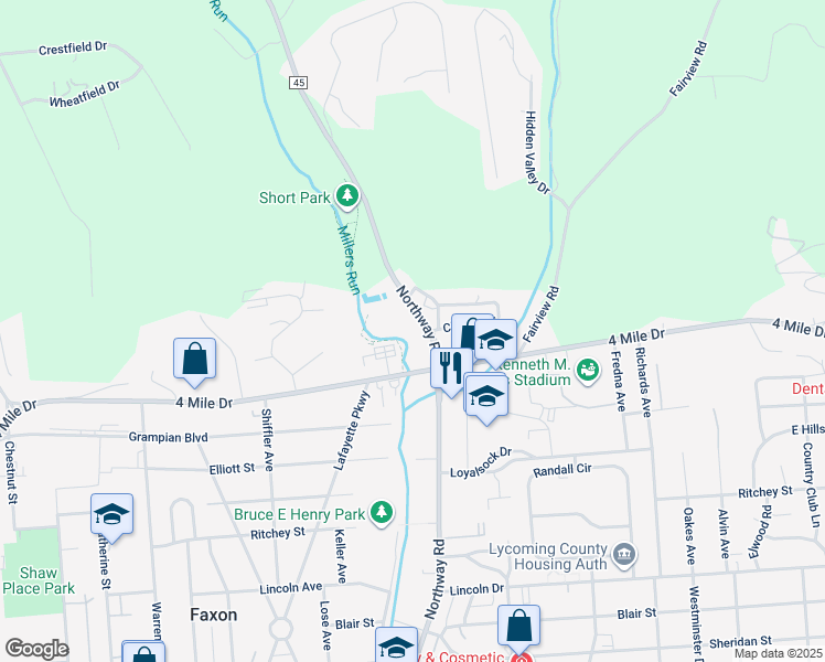 map of restaurants, bars, coffee shops, grocery stores, and more near 2101 Northway Road in Williamsport