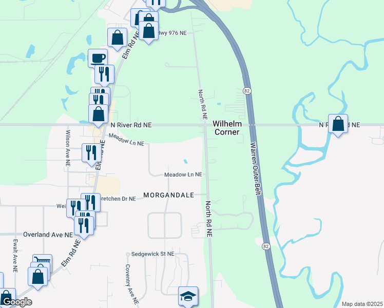 map of restaurants, bars, coffee shops, grocery stores, and more near 2474 County Highway 54 Northeast in Warren